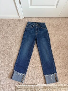 7 For All Mankind Blue Straight Leg Jeans with Folded Raw Cuffs